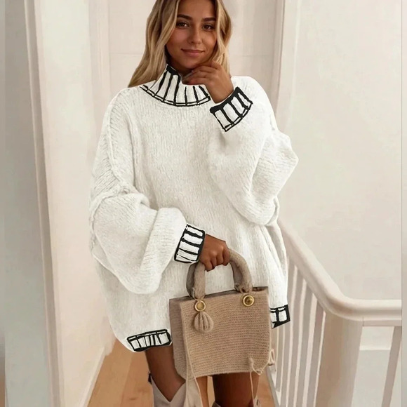 Autumn/Winter Casual Round Neck Colorblock Striped Stand Collar L - Picture 1 of 5